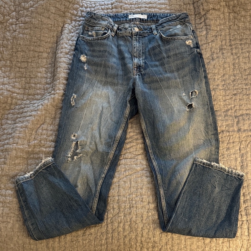 Zara Blue Distressed Boyfriend Jeans
